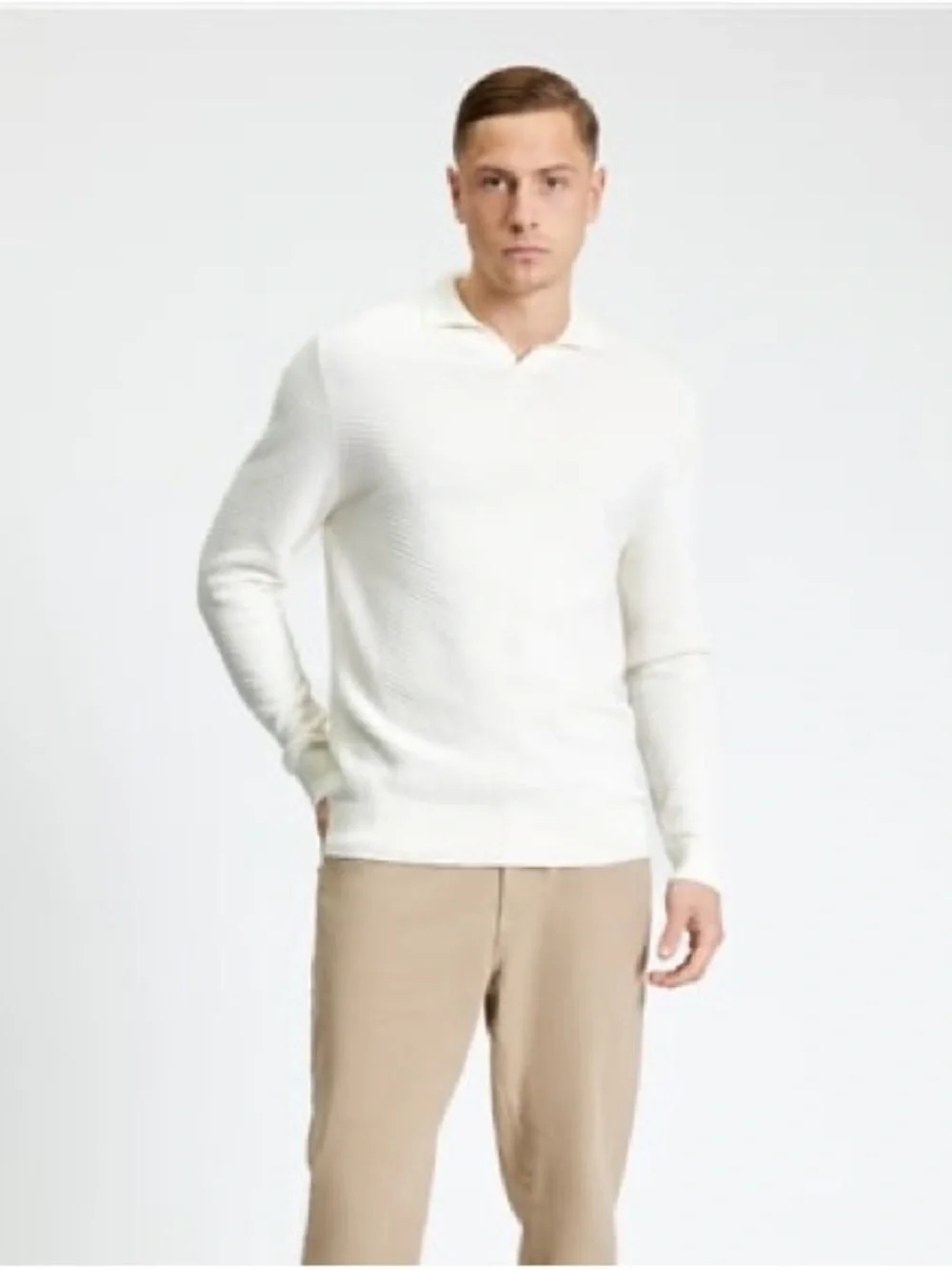Ben Sherman Relaxed Fit Long Sleeve Textured Open Neck Knitted Polo in Ivory
